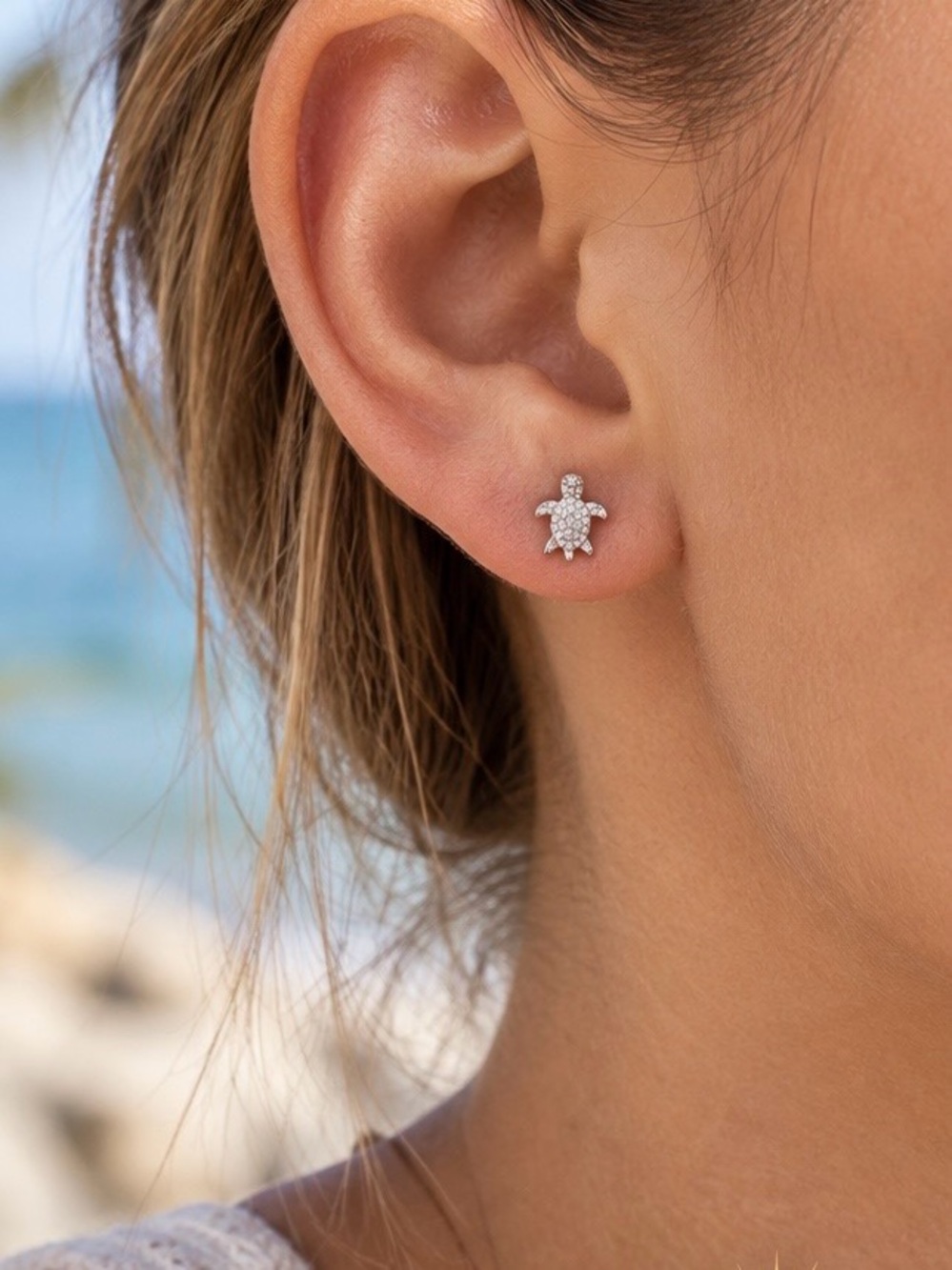 Petite Sterling Silver AAA CZ Sea Turtle Stud Earrings